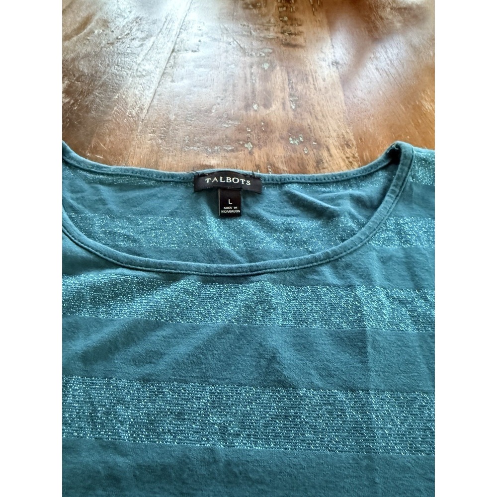 Talbots Womens Size Large Teal Glitter Sparkle Long Sleeve Blouse Shirt Top - Picture 2 of 5
